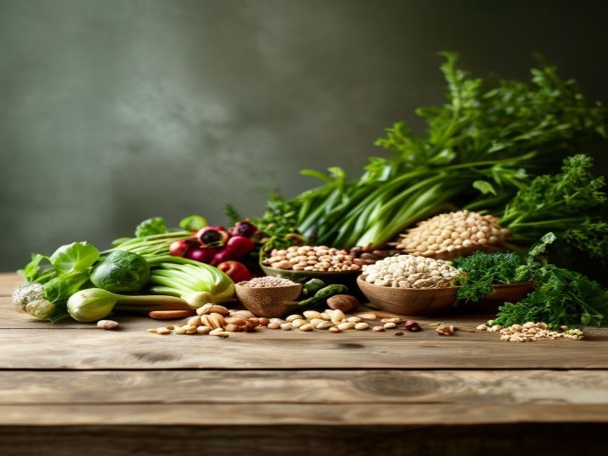Wooden table with colourful fresh vegetables, grains, and herbs arranged in soft daylight